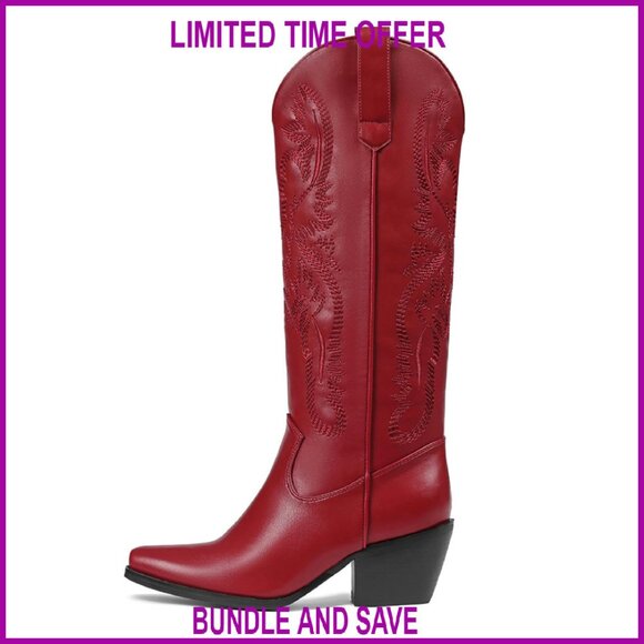 Knee High Cowboy Boots Women Chunky Heel Western Side Zipper Fashion